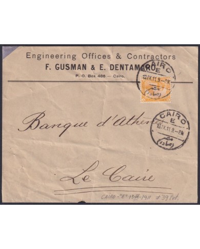 F-EX45317 EGYPT 1911 EL CAIRO COVER PYRAMIDS & SPHINX CANCEL EL CAIRO “E”.