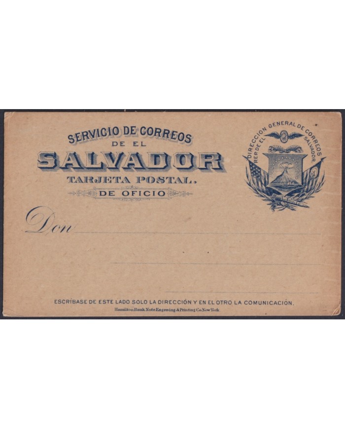 F-EX45604 EL SALVADOR S.XIX POSTAL STATIONERY DE OFICIO COAST OF ARMS.