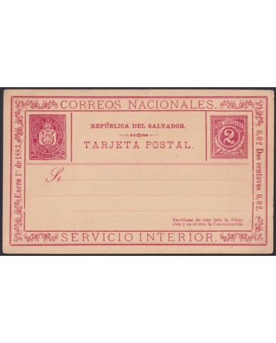 F-EX45613 EL SALVADOR 1883 POSTAL STATIONERY 2c SERVICIO INTERIOR.