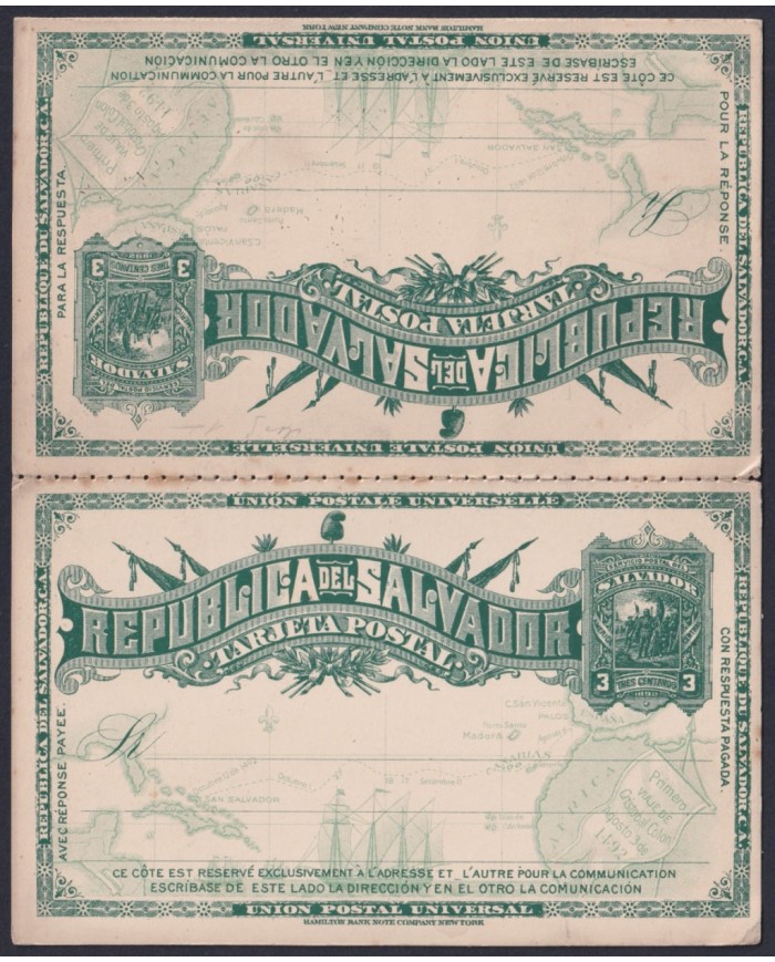 F-EX45617 EL SALVADOR 1892 POSTAL STATIONERY 3c DISCOVERY COLUMBUS W/ RESPONSE.