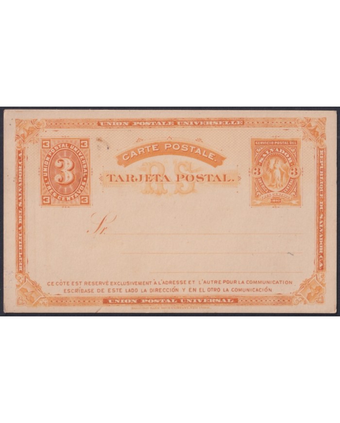 F-EX45618 EL SALVADOR 1890 POSTAL STATIONERY 3c REPUBLIC SERVICIO INTERIOR.