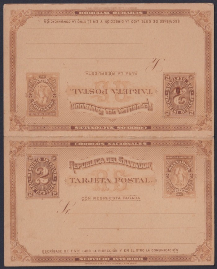 F-EX45620 EL SALVADOR 1890 POSTAL STATIONERY 2c REPUBLIC WITH RESPONSE.