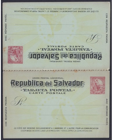 F-EX45628 EL SALVADOR 1894 POSTAL STATIONERY 3c REPUBLIC VOLCANO WITH RESPONSE.