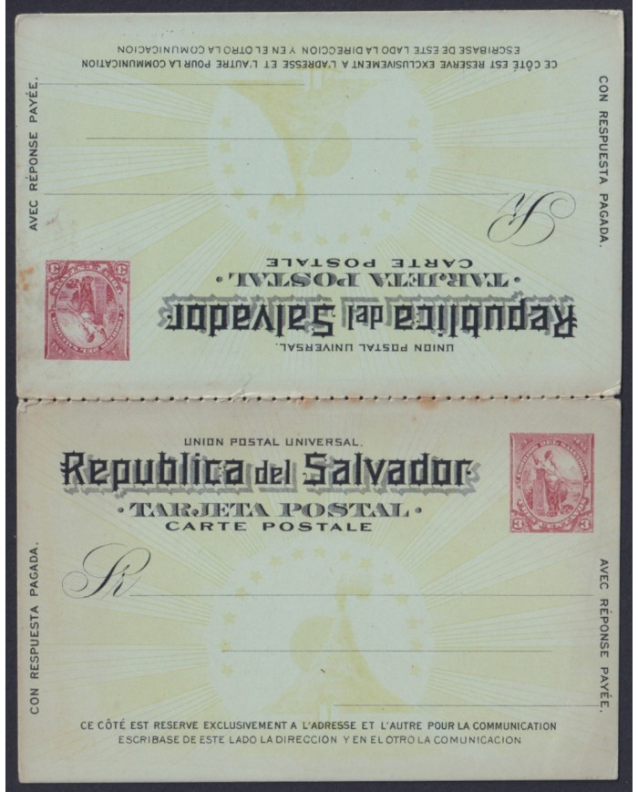 F-EX45628 EL SALVADOR 1894 POSTAL STATIONERY 3c REPUBLIC VOLCANO WITH RESPONSE.