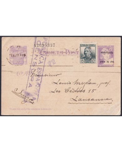 F-EX45685 SPAIN ESPAÑA 1937 STATIONERY CARD 25c OVERPRINT CENSORSHIP SWITZERLAND.