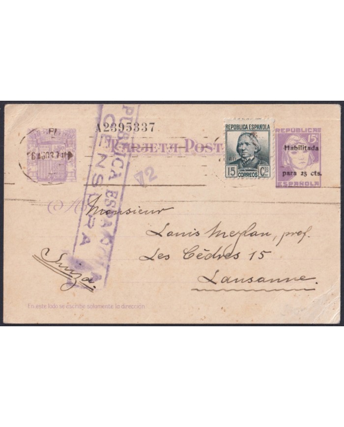 F-EX45685 SPAIN ESPAÑA 1937 STATIONERY CARD 25c OVERPRINT CENSORSHIP SWITZERLAND.