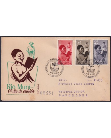 F-EX45732 RIO MUNI SPAIN 1950 REG FDC READING INDIGENOUS TO BARCELONA.