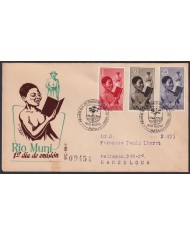 F-EX45732 RIO MUNI SPAIN 1950 REG FDC READING INDIGENOUS TO BARCELONA.