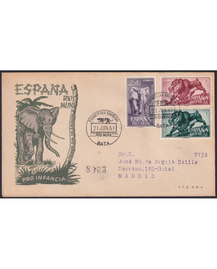 F-EX45734 RIO MUNI SPAIN 1961 REG FDC PRO-CHILDREN ELEPHANT MANDRIL MONKEY TO BARNA.
