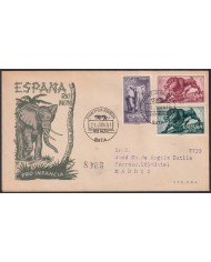 F-EX45734 RIO MUNI SPAIN 1961 REG FDC PRO-CHILDREN ELEPHANT MANDRIL MONKEY TO BARNA.