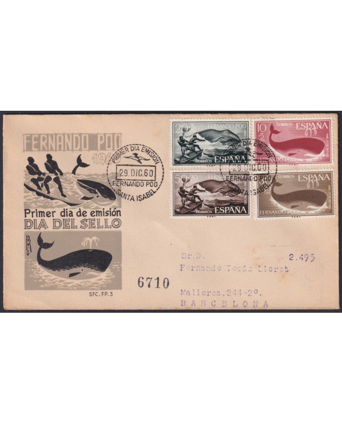 F-EX45737 FERNANDO POO SPAIN 1960 REG FDC FISHING WHALE FISH TO BARCELONA.