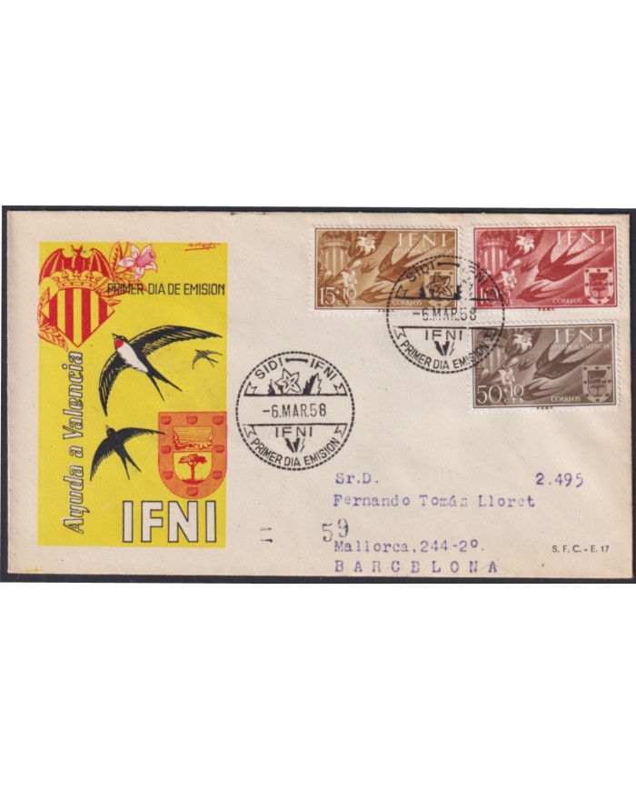 F-EX45772 IFNI 1958 REG FDC PRO-VALENCIA BIRD SEAGULL FLOWER TO SPAIN.