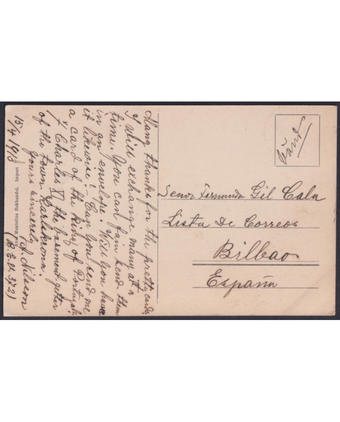 F-EX45874 SWEDEN SUEDE SVERIGE 1913 POSTCARD KARLSKRONA CARL XI BILBAO SPAIN.