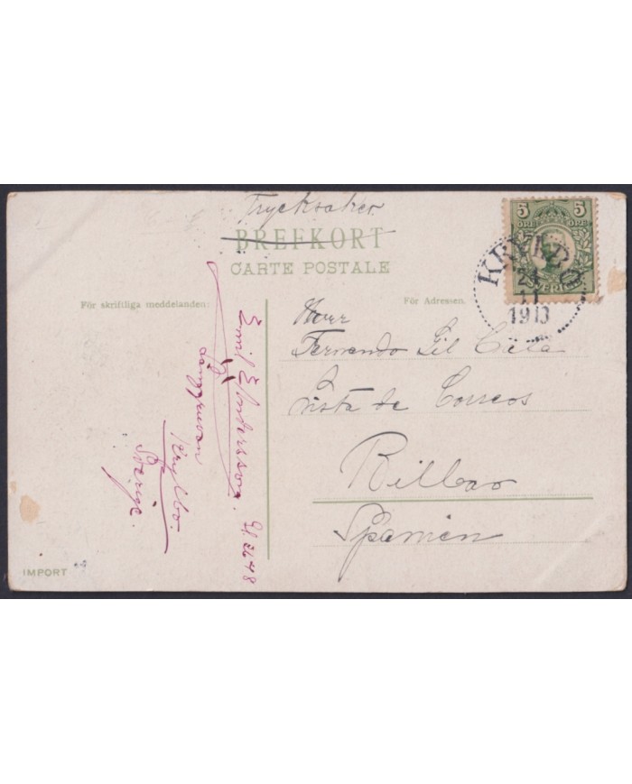 F-EX45875 SWEDEN SUEDE SVERIGE 1913 POSTCARD STOCKHOLM TO BILBAO SPAIN.
