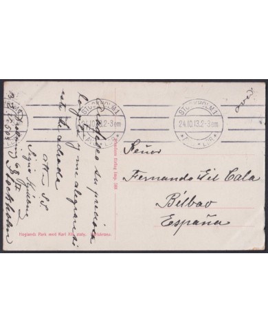 F-EX45877 SWEDEN SUEDE SVERIGE 1913 POSTCARD STOCKHOLM PARK TO BILBAO SPAIN.