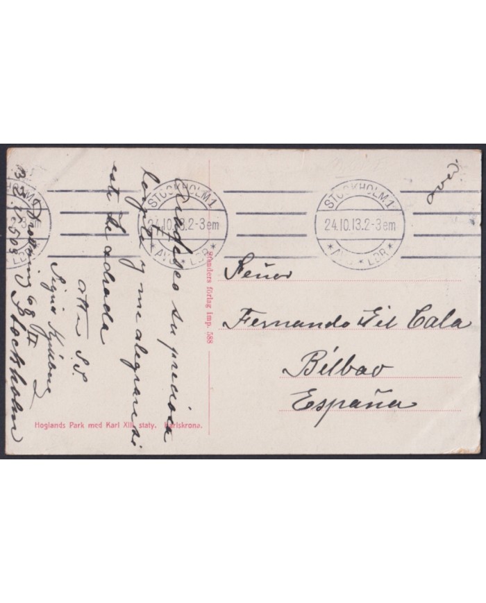 F-EX45877 SWEDEN SUEDE SVERIGE 1913 POSTCARD STOCKHOLM PARK TO BILBAO SPAIN.