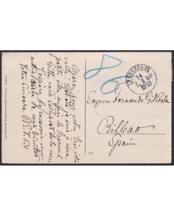F-EX45878 SWEDEN SUEDE SVERIGE 1913 POSTCARD LANDSKRONA SHIP BILBAO SPAIN.