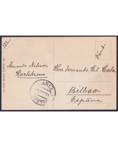 F-EX45880 SWEDEN SUEDE SVERIGE 1913 POSTCARD KARLSKRONA LISTA BILBAO SPAIN.