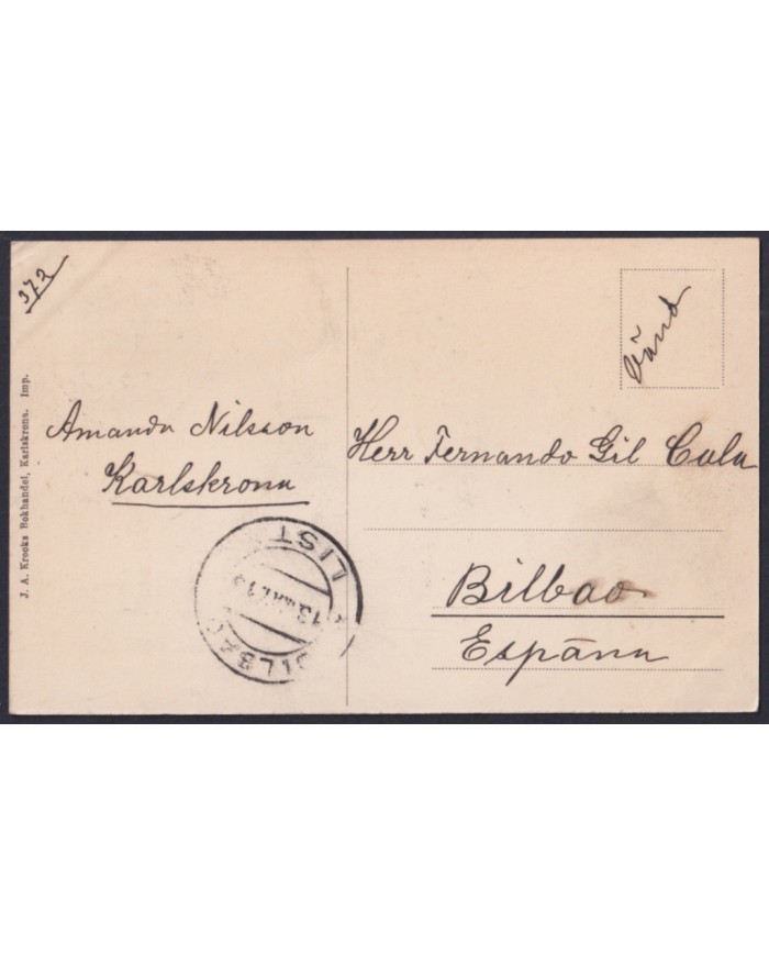 F-EX45880 SWEDEN SUEDE SVERIGE 1913 POSTCARD KARLSKRONA LISTA BILBAO SPAIN.