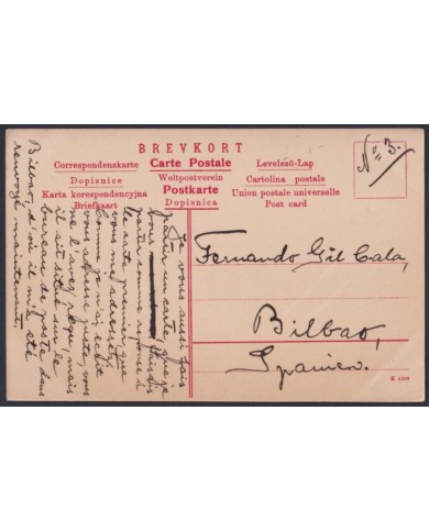 F-EX45885 SWEDEN SUEDE SVERIGE 1913 POSTCARD KARLSTAD RIVER TO BILBAO SPAIN.