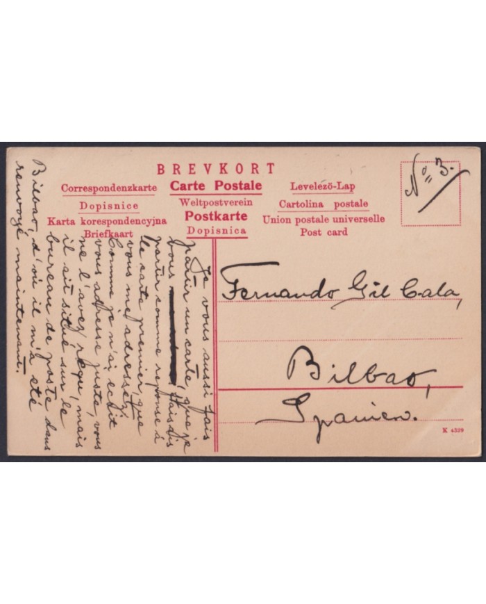 F-EX45885 SWEDEN SUEDE SVERIGE 1913 POSTCARD KARLSTAD RIVER TO BILBAO SPAIN.