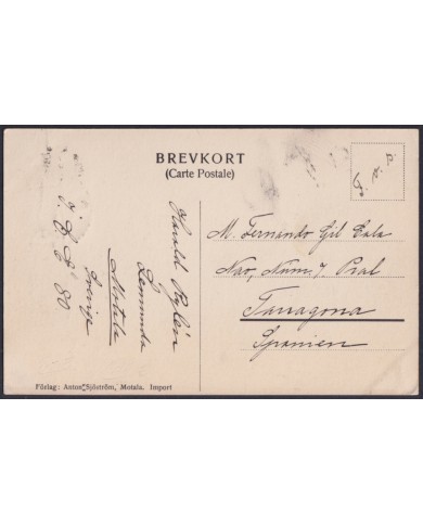 F-EX45888 SWEDEN SUEDE SVERIGE 1912 POSTCARD VARAMON MOTALA TO BILBAO SPAIN.