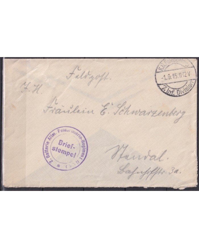 F-EX45904 GERMANY WWI FELDPOST 1915 2ª BATTERIE ARTILLERIE 7th INFANTERIE DIV.