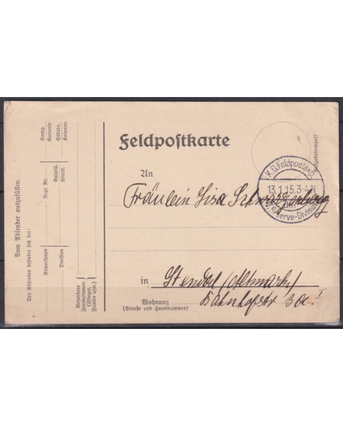F-EX45907 GERMANY WWI FELDPOST 1915 7º RESERVE DIVITION.