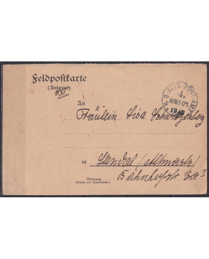 F-EX45908 GERMANY WWI FELDPOST 1914 4ª ARMY CORP CARD