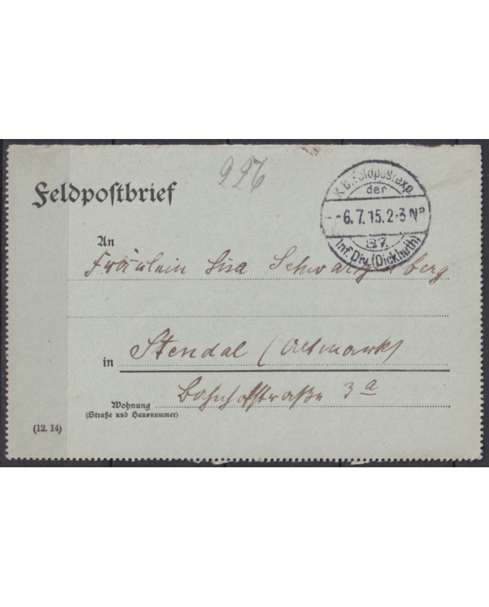 F-EX45909 GERMANY WWI FELDPOST 1915 87ª INF DIVITION CARD.