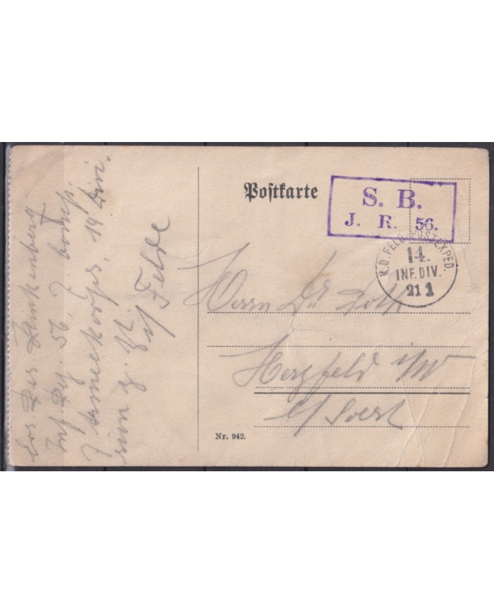 F-EX45912 GERMANY WWI FELDPOST 1916 POSTCARD S.B. J.R.56 14 INFANTERIE DIVITION.
