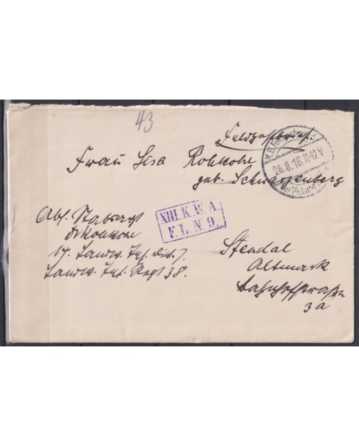 F-EX45913 GERMANY WWI FELDPOST 1916 XIII DIV KWA FL Nª9.