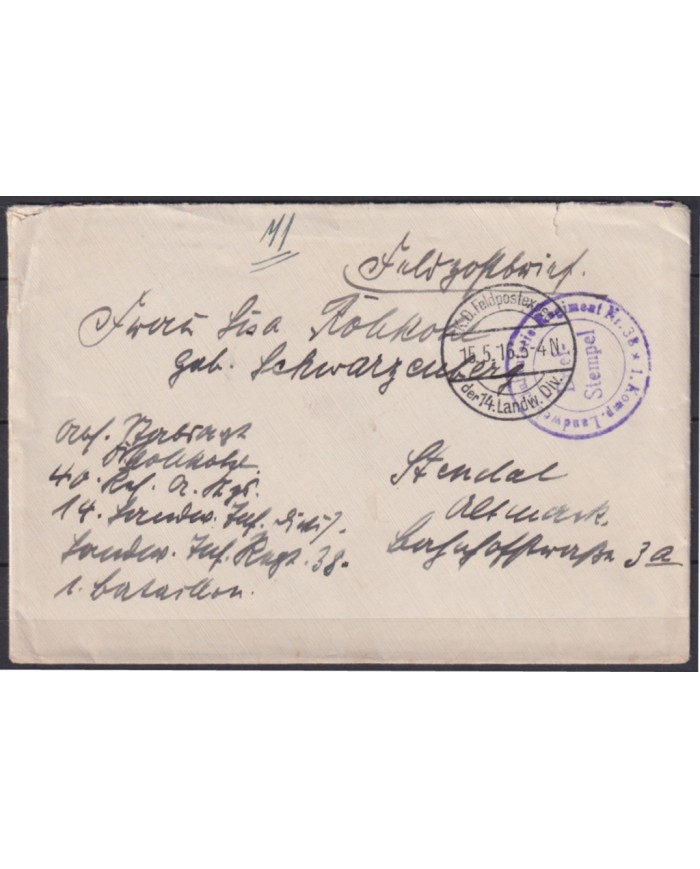 F-EX45914 GERMANY WWI FELDPOST 1916 14 LANDW DIV.