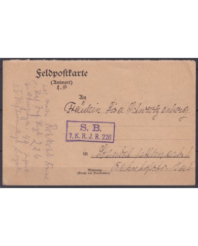 F-EX45915 GERMANY WWI FELDPOST 1914 POSTCARD S.B. 7.K.R.J.R.226.