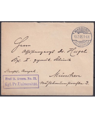 F-EX45921 GERMANY FELDPOST 1905 MARBURG FREI AVERS Nº21 KGL PR UNIVERSITAT.