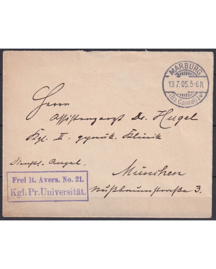 F-EX45921 GERMANY FELDPOST 1905 MARBURG FREI AVERS Nº21 KGL PR UNIVERSITAT.