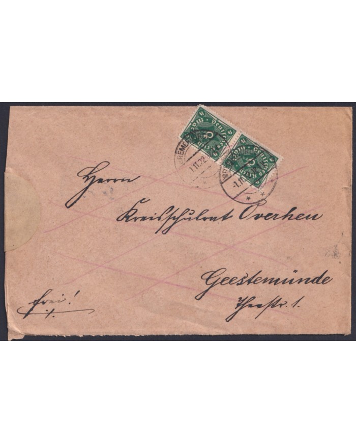 F-EX45429 GERMANY 1922 PRE-INFLATION DOUBLE USE BREMERVORDE TO GEESSEMUNDE.