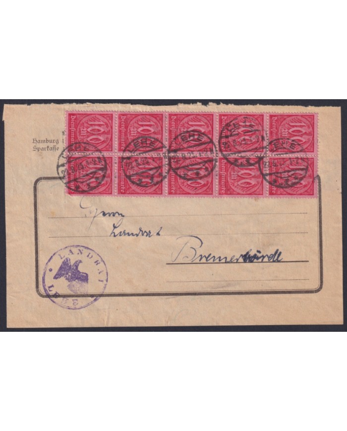 F-EX45435 GERMANY 1922 INFLATION FRONT COVER OFICIAL LEHE TO BREMERVORDE.