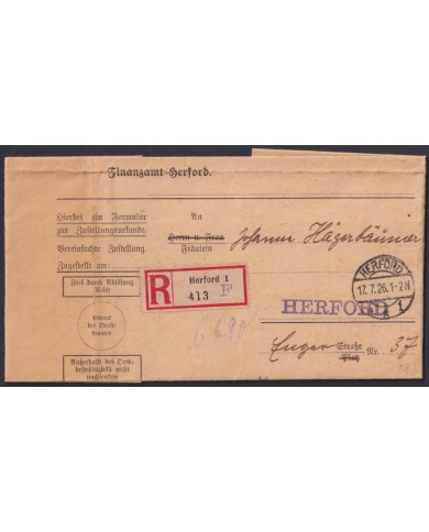 F-EX45932 GERMANY 1926 HERFORD OFFICIAL REGISTERED COVER.