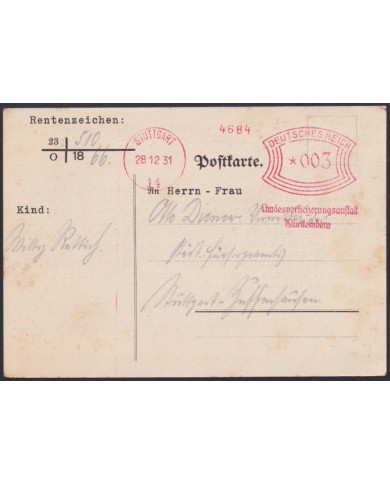 F-EX45935 GERMANY 1931 PIGNEY BOWES OFFICIAL CARD WURTTEMBERG.