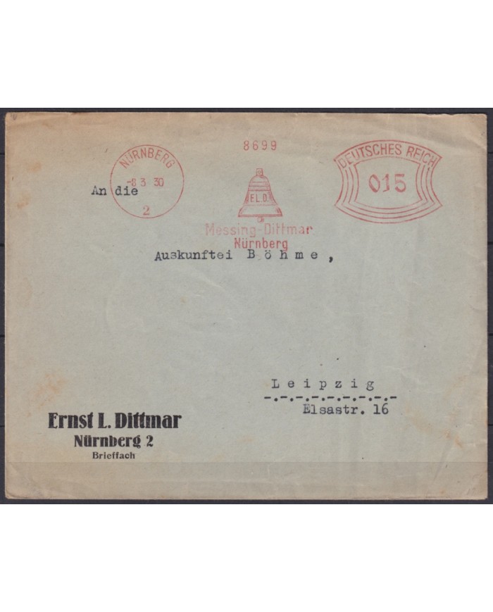 F-EX45956 GERMANY 1930 PIGNEY BOWES ILLUSTRATED BELL NUREMBERG.