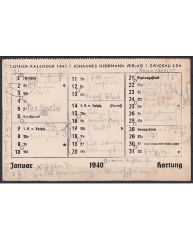 F-EX45961 GERMANY WWII FELDPOST 1940 BERLIN CHARLOTEMBURG c LUTHERAN CALENDAR.
