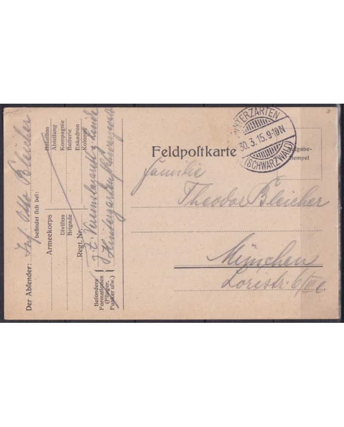 F-EX45964 GERMANY WWI FELDPOST 1915 SCHWARZWAID.