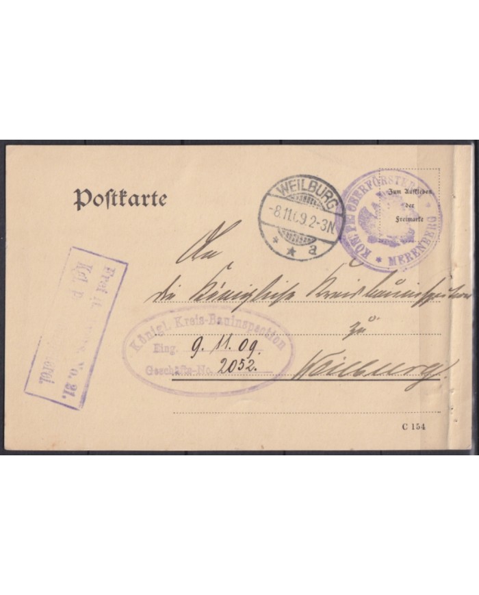 F-EX45966 GERMANY 1909 FELDPOST MERENBERG EAGLE CANCEL BIRD REG. 21.