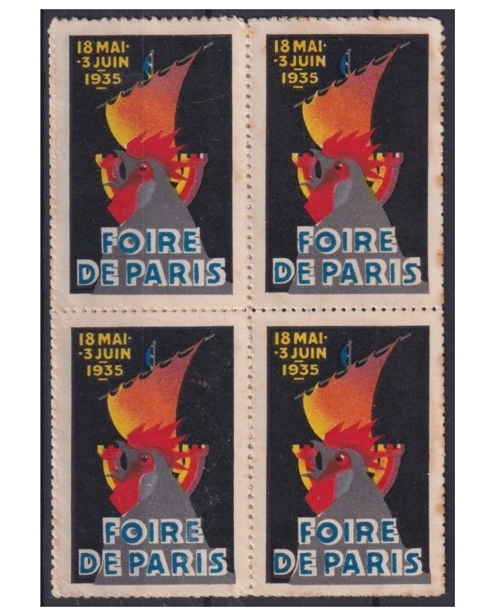 F-EX16779 FRANCE CINDERELLA 1935 PARIS FAIR ROOSTER BIRD GALLO BLOCK 4 NO GUM.