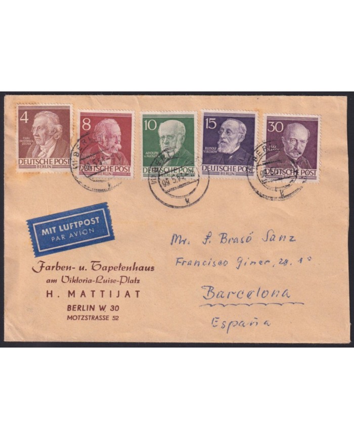F-EX39576 GERMANY 1953 BERLIN FAMOUS PEOPLES COVER TO SPAIN.