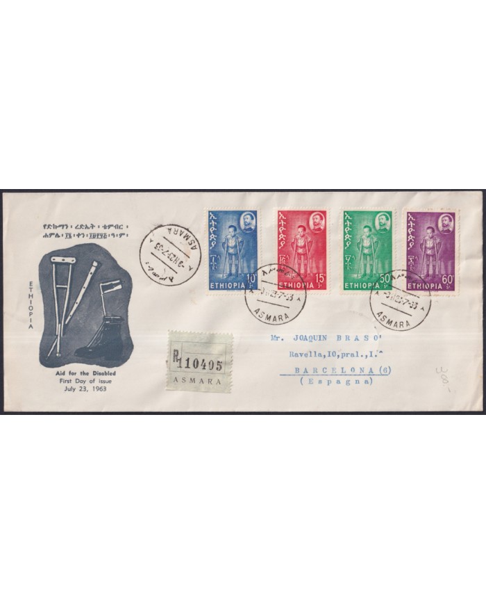 F-EX38924 ETHIOPIA ETIOPIA 1963 FDC DISABLED CHILD REG COVER ERITREA TO SPAIN.