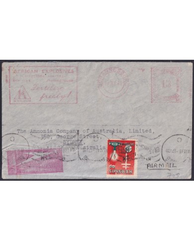 F-EX39320 SOUTH AFRICA 1941 AFRICAN EXPLOSIVES CANCEL + CINDERELLA TO AUSTRALIA.