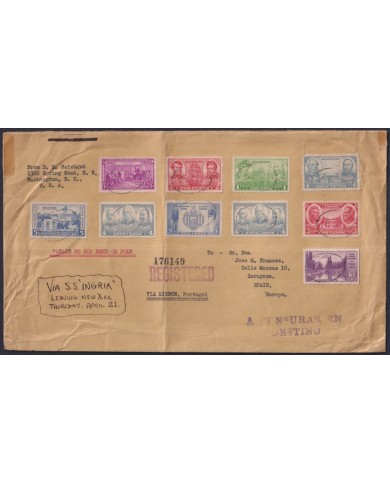 F-EX38926 USA US  COVER VIA SS INGRIA VIA LISBOA, TO SPAIN “A CENSURAR EN DESTINO"