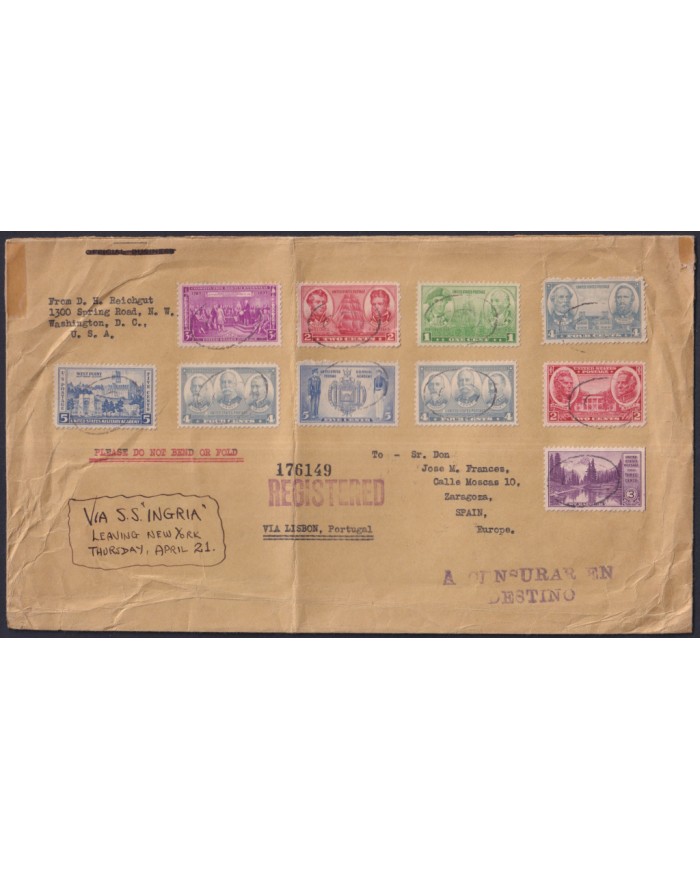 F-EX38926 USA US  COVER VIA SS INGRIA VIA LISBOA, TO SPAIN “A CENSURAR EN DESTINO"